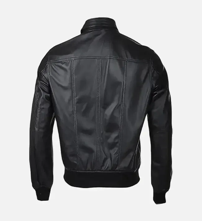 Men’s Snap Double Button Collar Black Leather Bomber Jacket