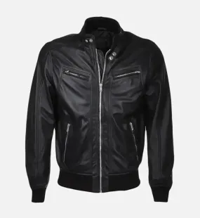 Men’s Snap Double Button Collar Black Leather Bomber Jacket