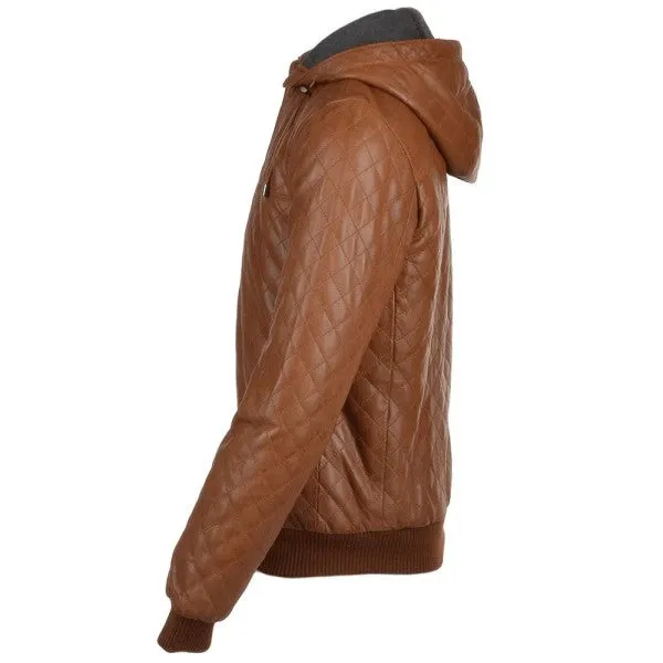 Mens tan leather bomber quilted jacket with hood