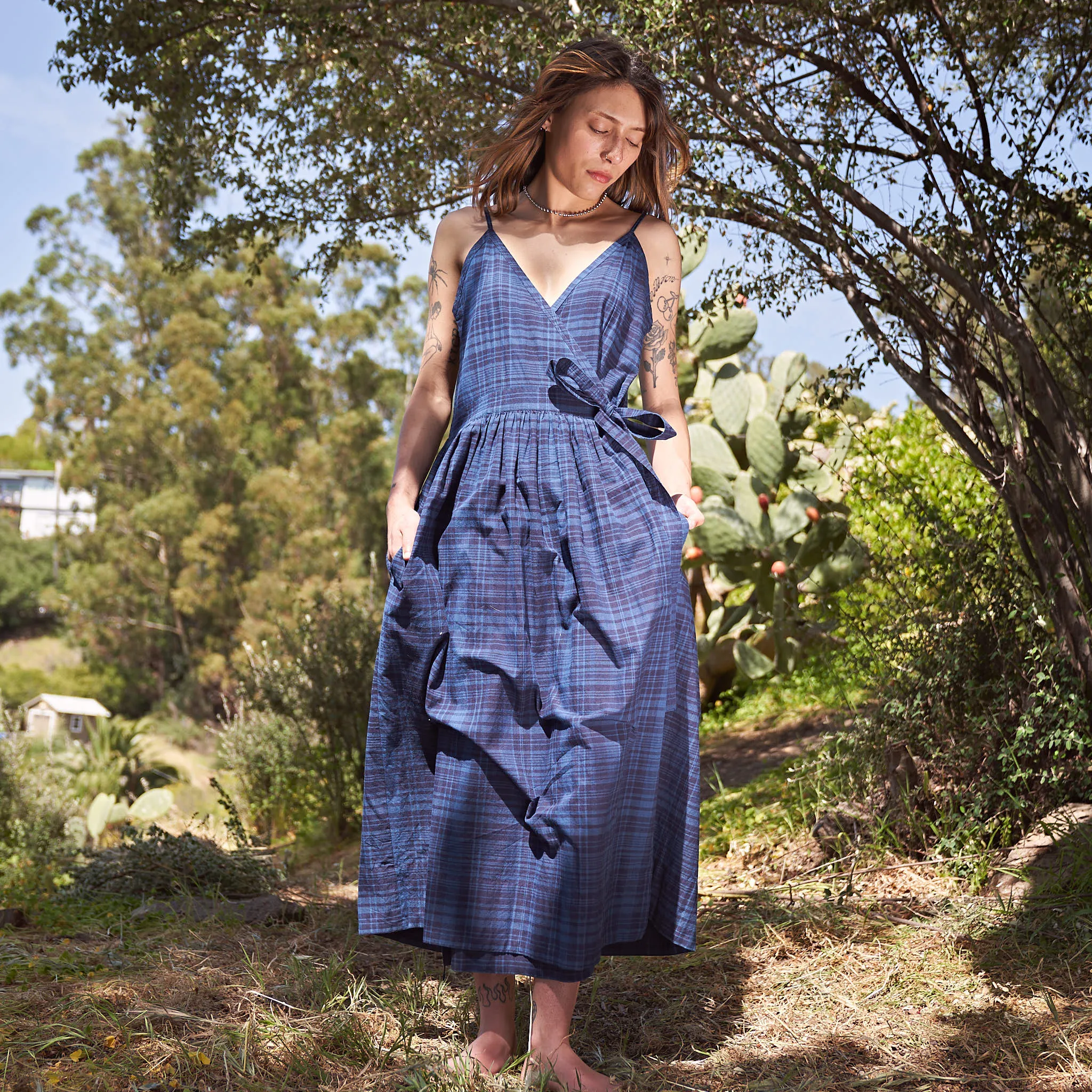 Mica Wrap Dress, Organic Indigo Madras