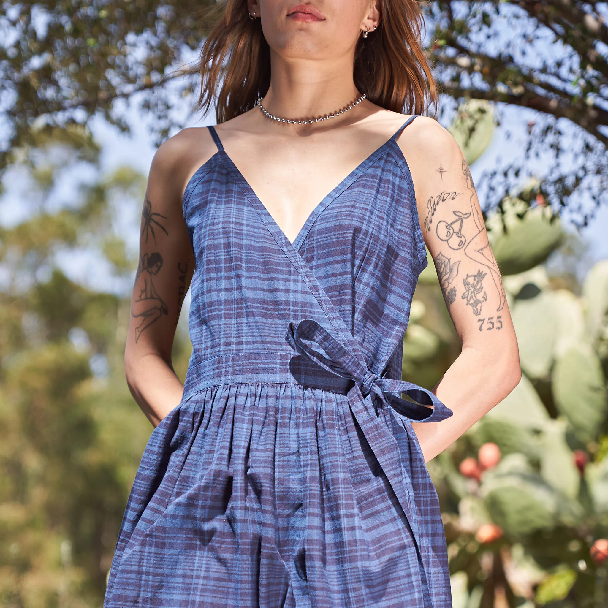 Mica Wrap Dress, Organic Indigo Madras