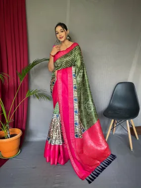 Military Green Saree in Bandhej Kalamkari Print