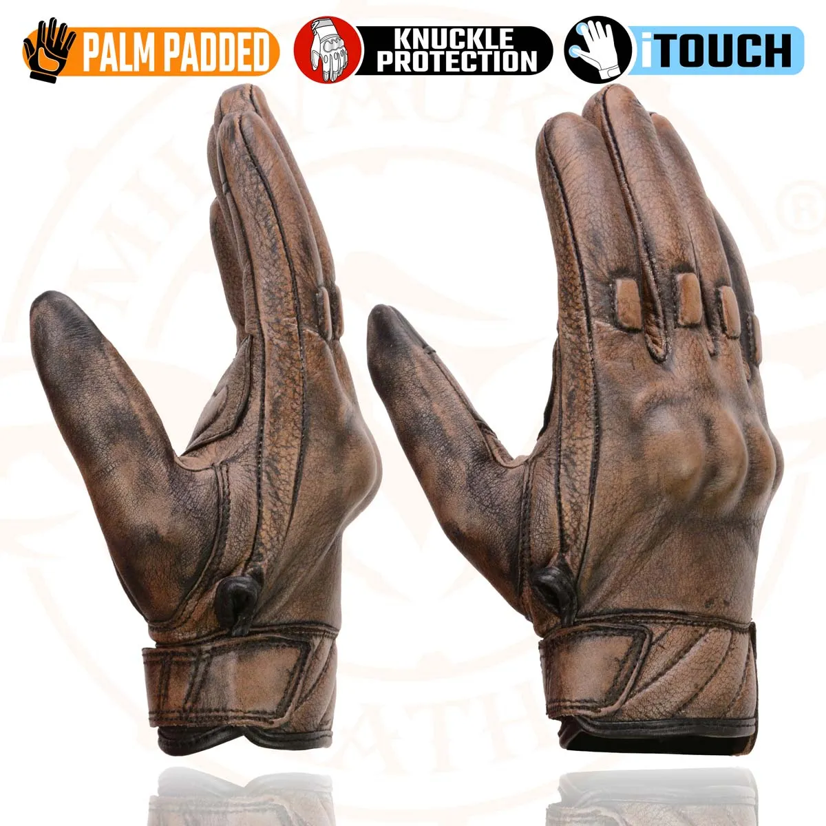 Milwaukee Leather MG7514 Men's Brown Leather with Gel Palm Motorcycle Gloves W/ Protective Knuckle