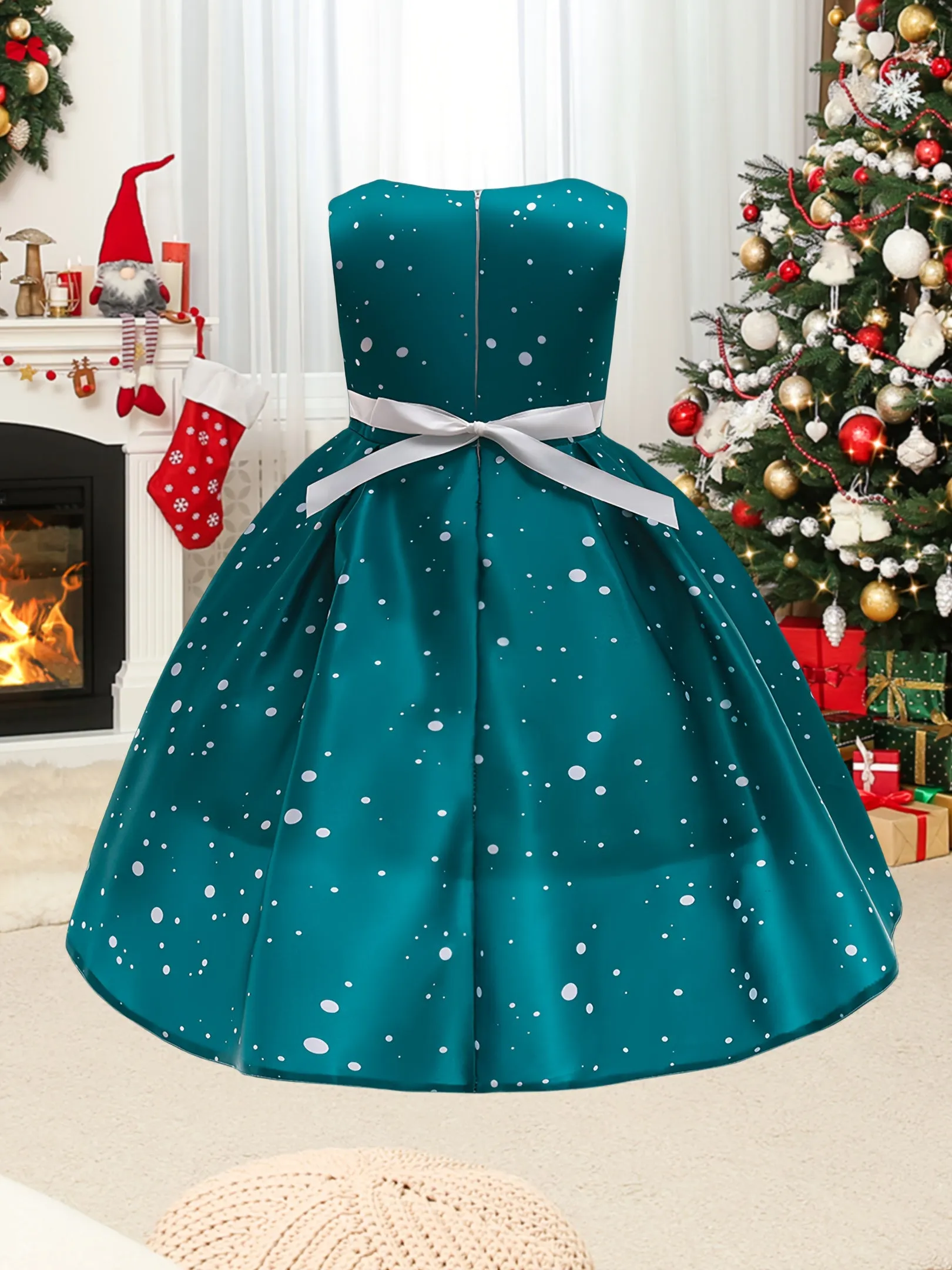 MQATZ Girls' Christmas Party Dress - Sleeveless Polyester Viscose Blend with Santa Snowflake Print, Crew Neck, Non-Stretch Umbrella Skirt with Bow Belt, All-Season Festive Costume for Over 3 Years Old