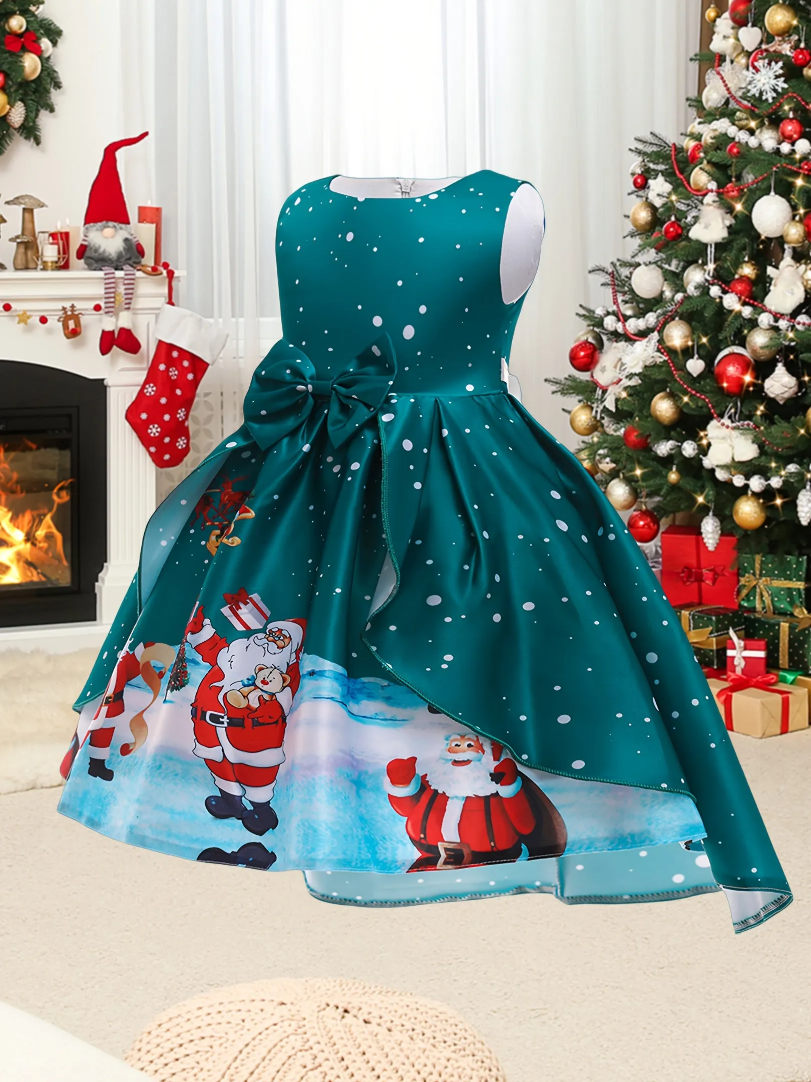 MQATZ Girls' Christmas Party Dress - Sleeveless Polyester Viscose Blend with Santa Snowflake Print, Crew Neck, Non-Stretch Umbrella Skirt with Bow Belt, All-Season Festive Costume for Over 3 Years Old