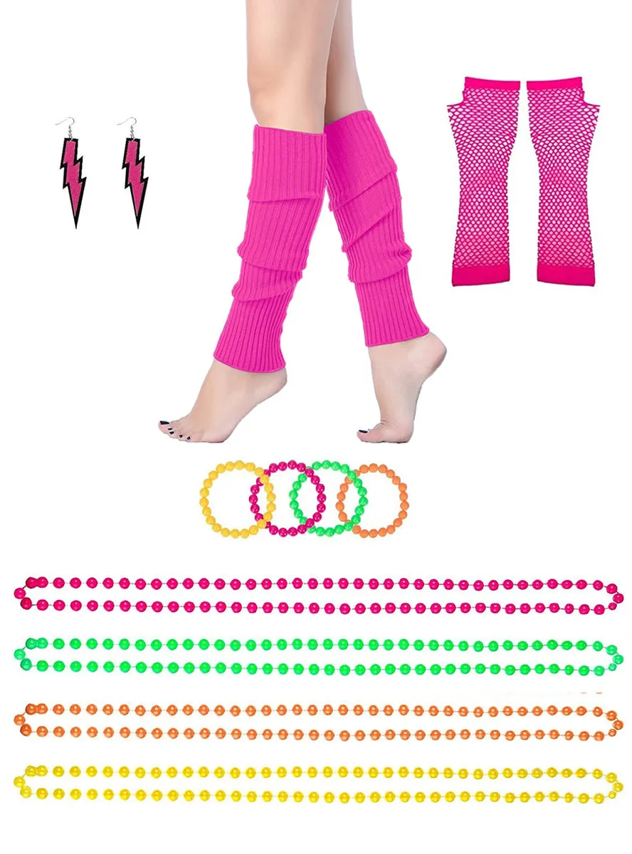 Neon Pink 11 Piece 1980s Costume Accessory Set