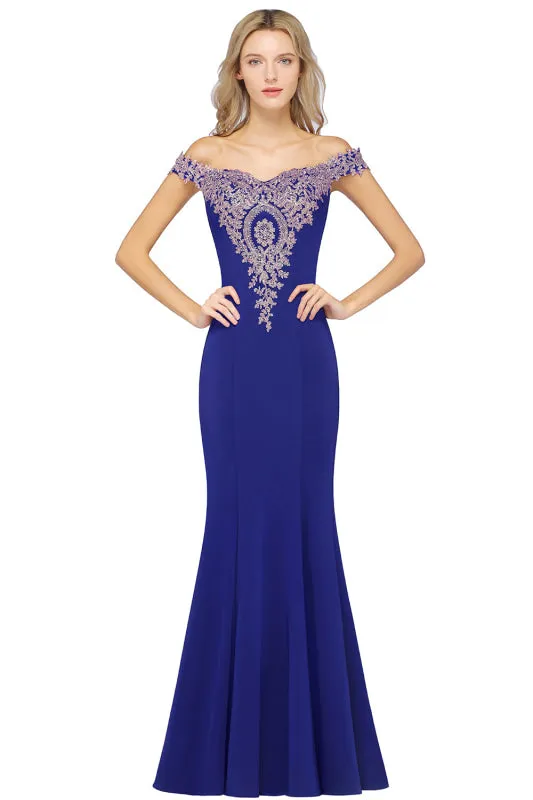 Off-the-Shoulder Mermaid  Evening Dresswith Gold Lace Applique Floor Length Formal Dress