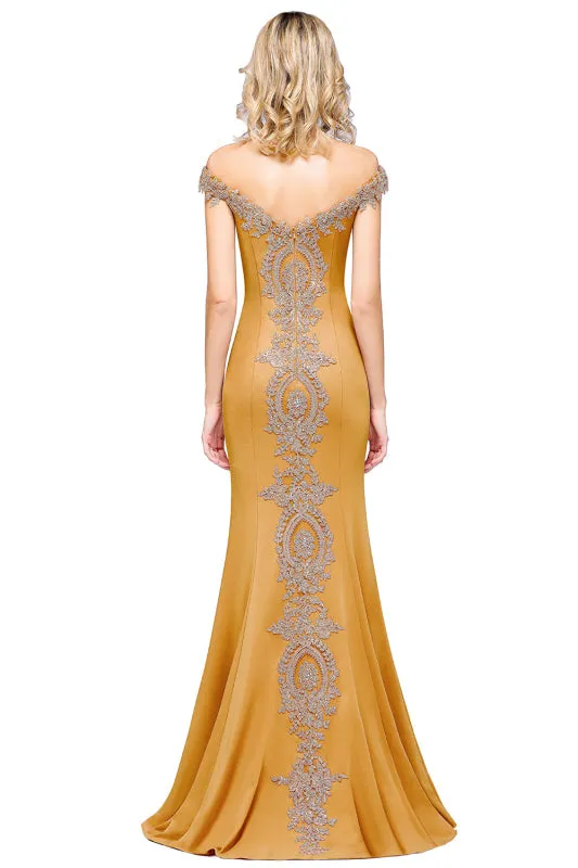 Off-the-Shoulder Mermaid  Evening Dresswith Gold Lace Applique Floor Length Formal Dress