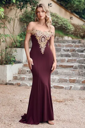 Off-the-Shoulder Mermaid  Evening Dresswith Gold Lace Applique Floor Length Formal Dress