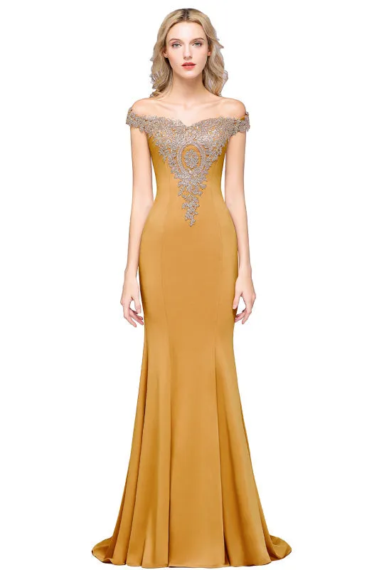 Off-the-Shoulder Mermaid  Evening Dresswith Gold Lace Applique Floor Length Formal Dress