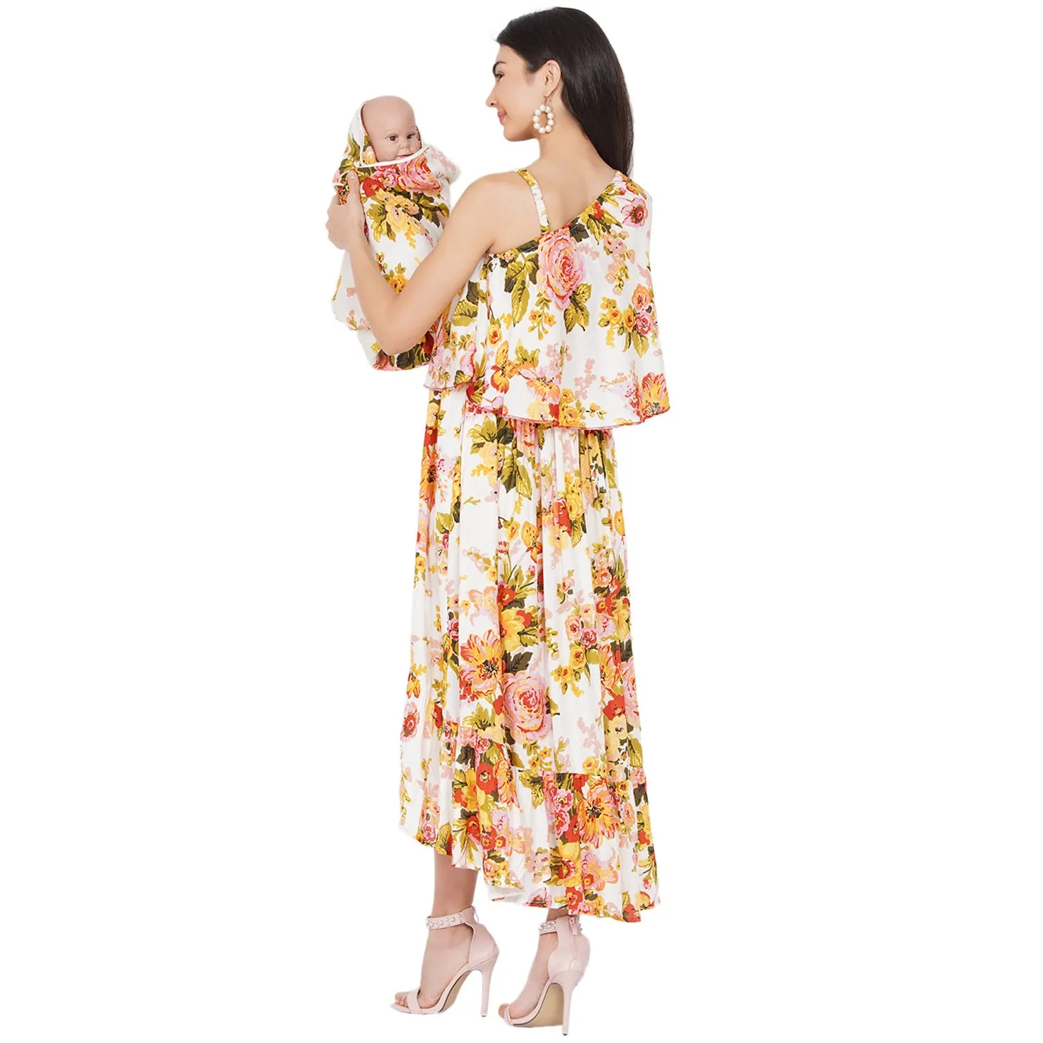 Off White floral Maxi Maternity dress for Mom & Matching Baby Wrapper set