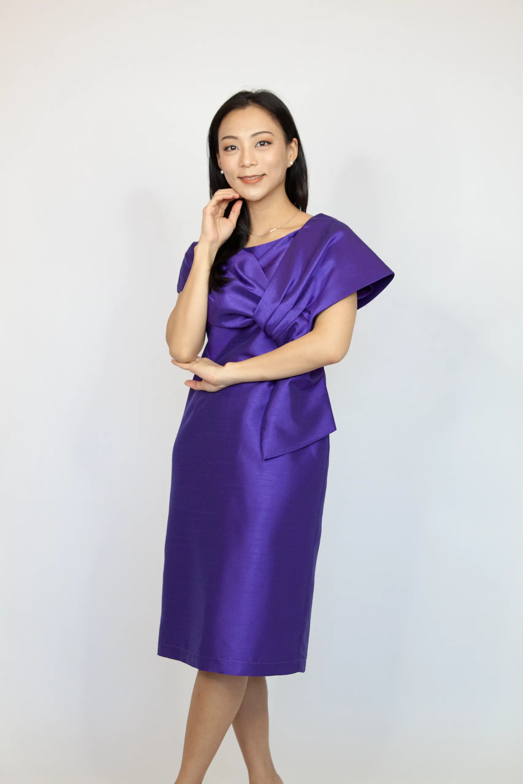 One Side Bow Wrap Shantung Dress