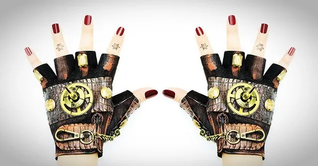 Orange Leather Gear Rivet Metal Gothic Accessories Punk Rock Women Vintage Half Finger Gloves Halloween Steampunk Cosplay Props