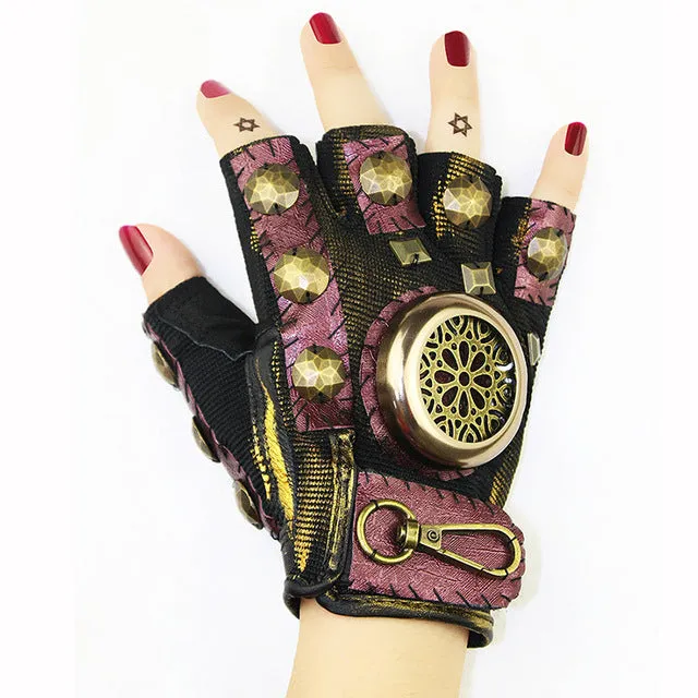 Orange Leather Gear Rivet Metal Gothic Accessories Punk Rock Women Vintage Half Finger Gloves Halloween Steampunk Cosplay Props