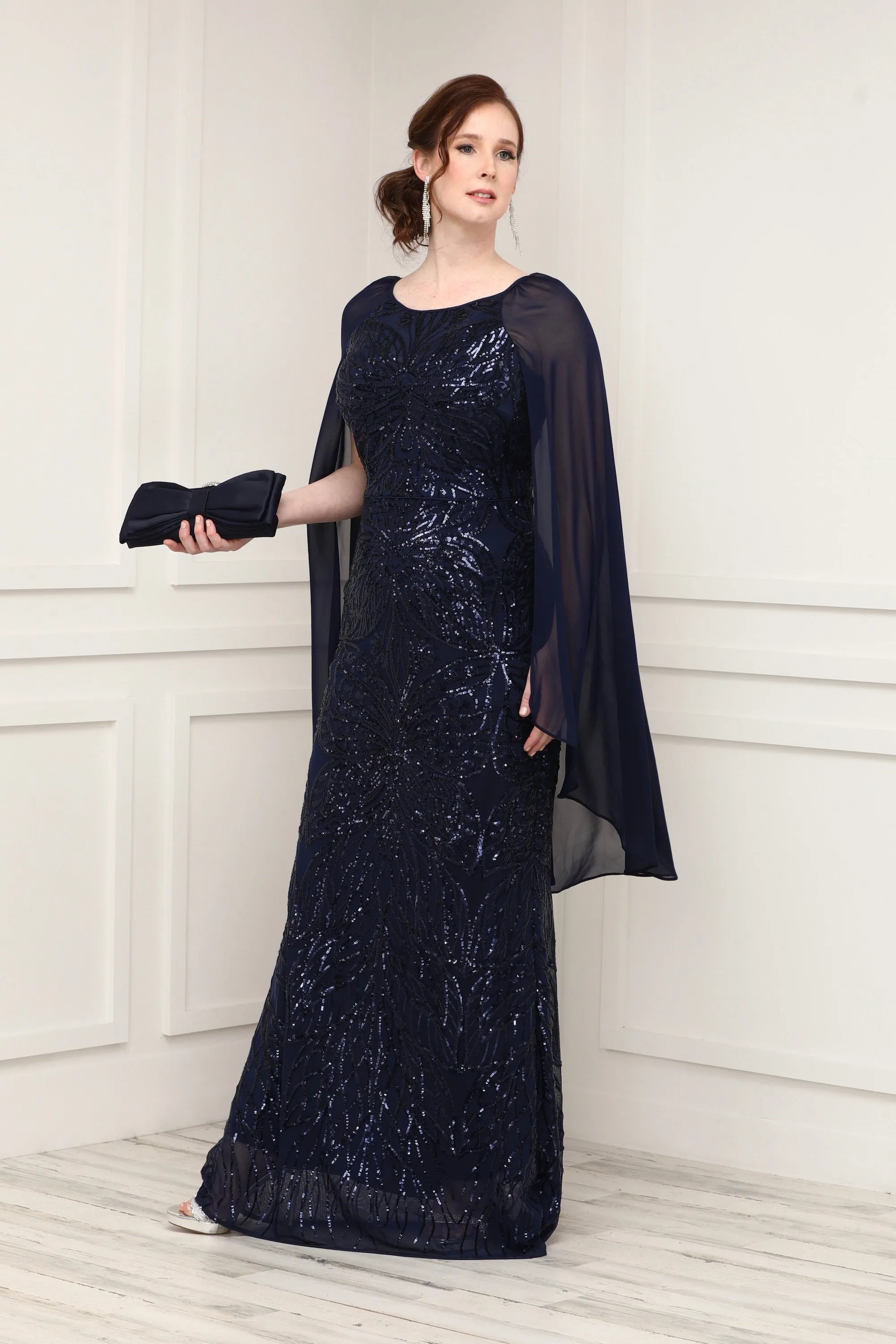 Petite Sequin Beaded Gown With Cape - Formal Gown