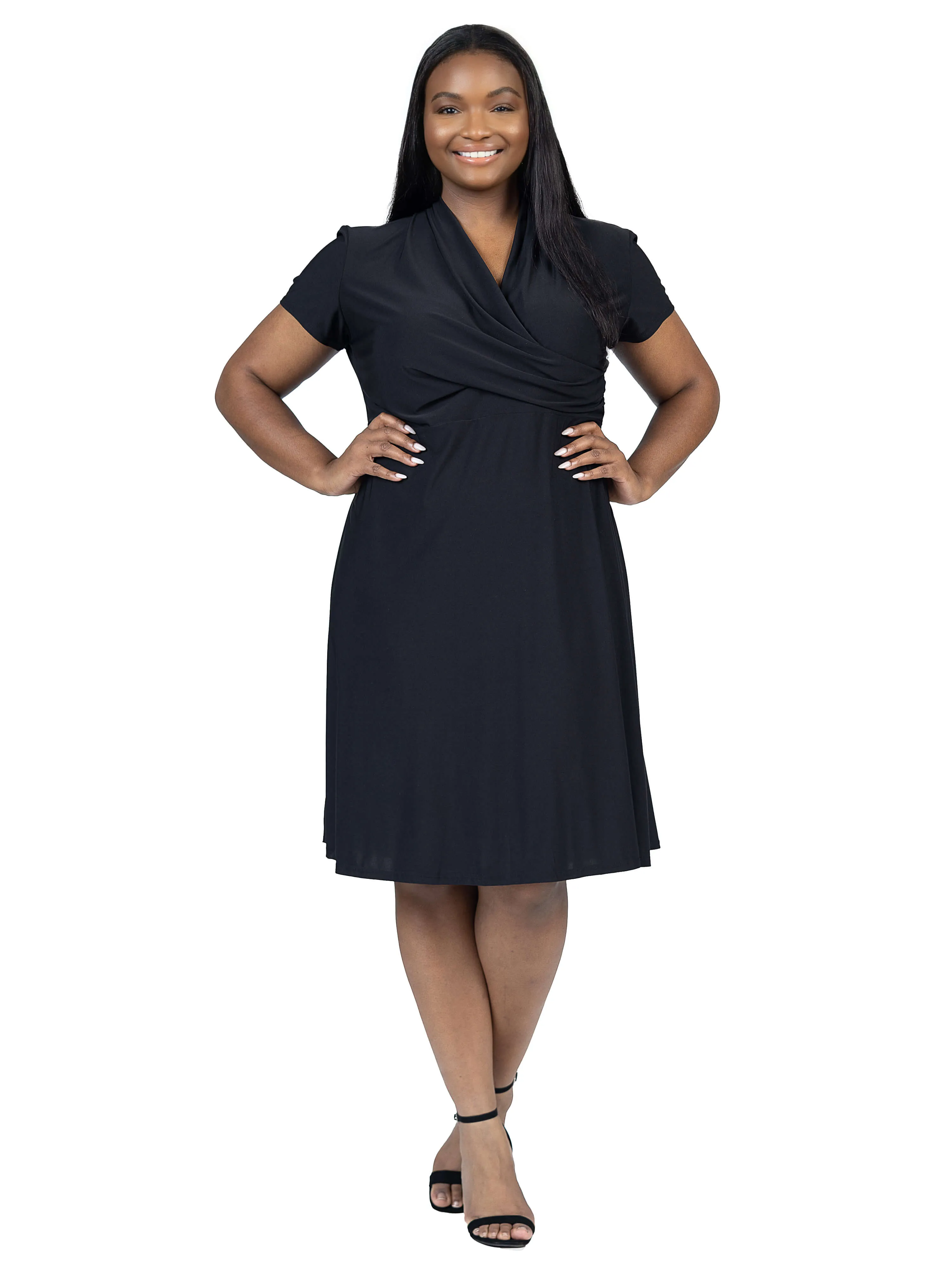 Plus Size Short Sleeve Knee Length V Neck Rouched Wrap Dress