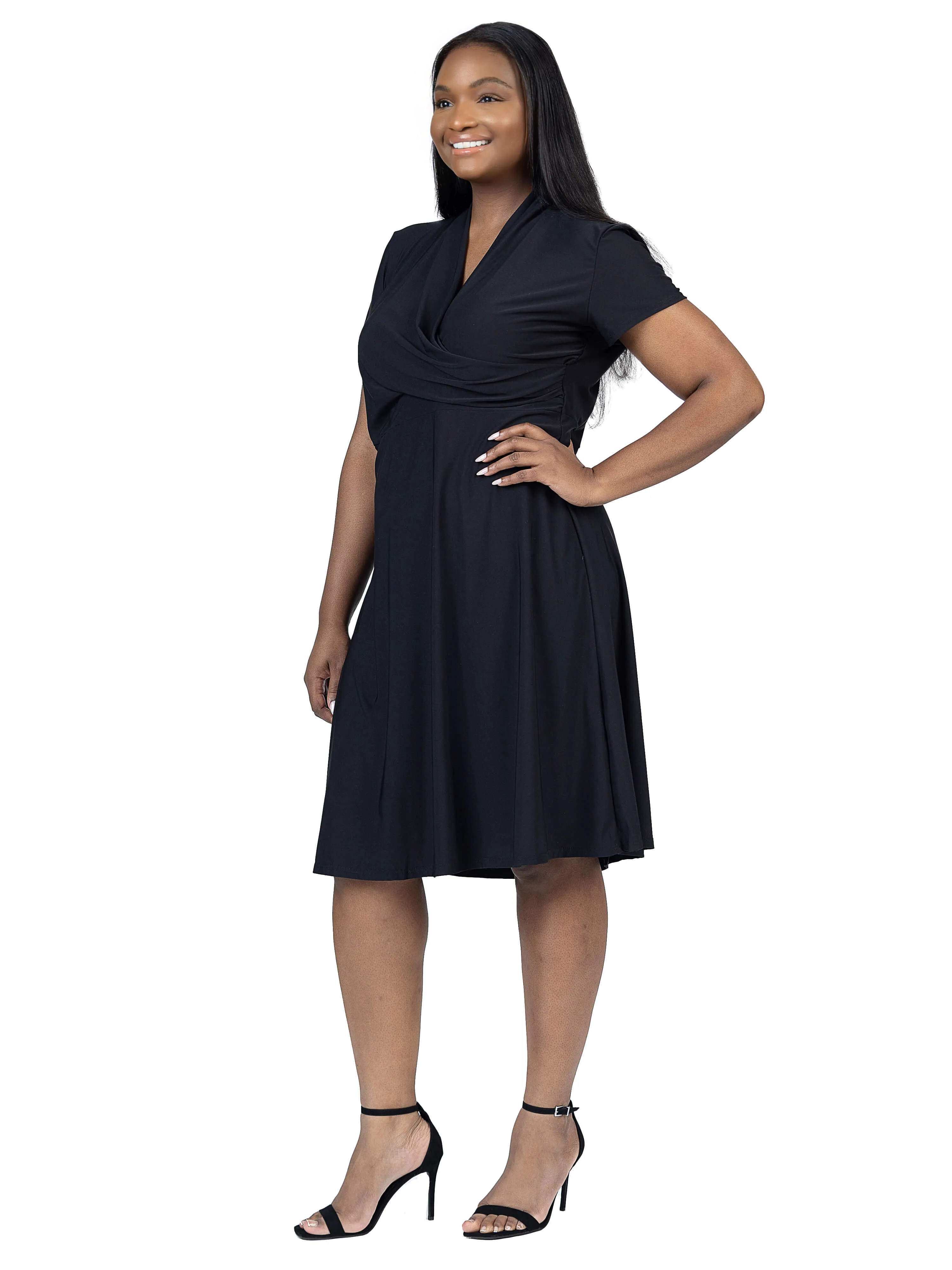 Plus Size Short Sleeve Knee Length V Neck Rouched Wrap Dress