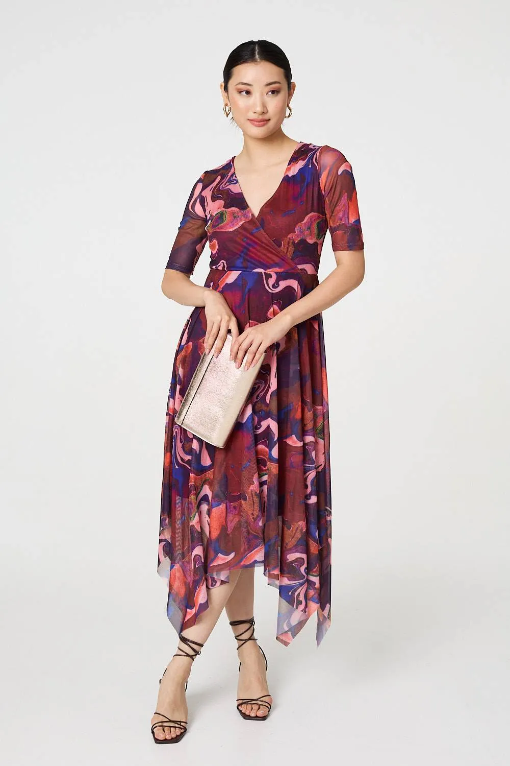 Printed Semi Sheer 1/2 Sleeve Midi Dress