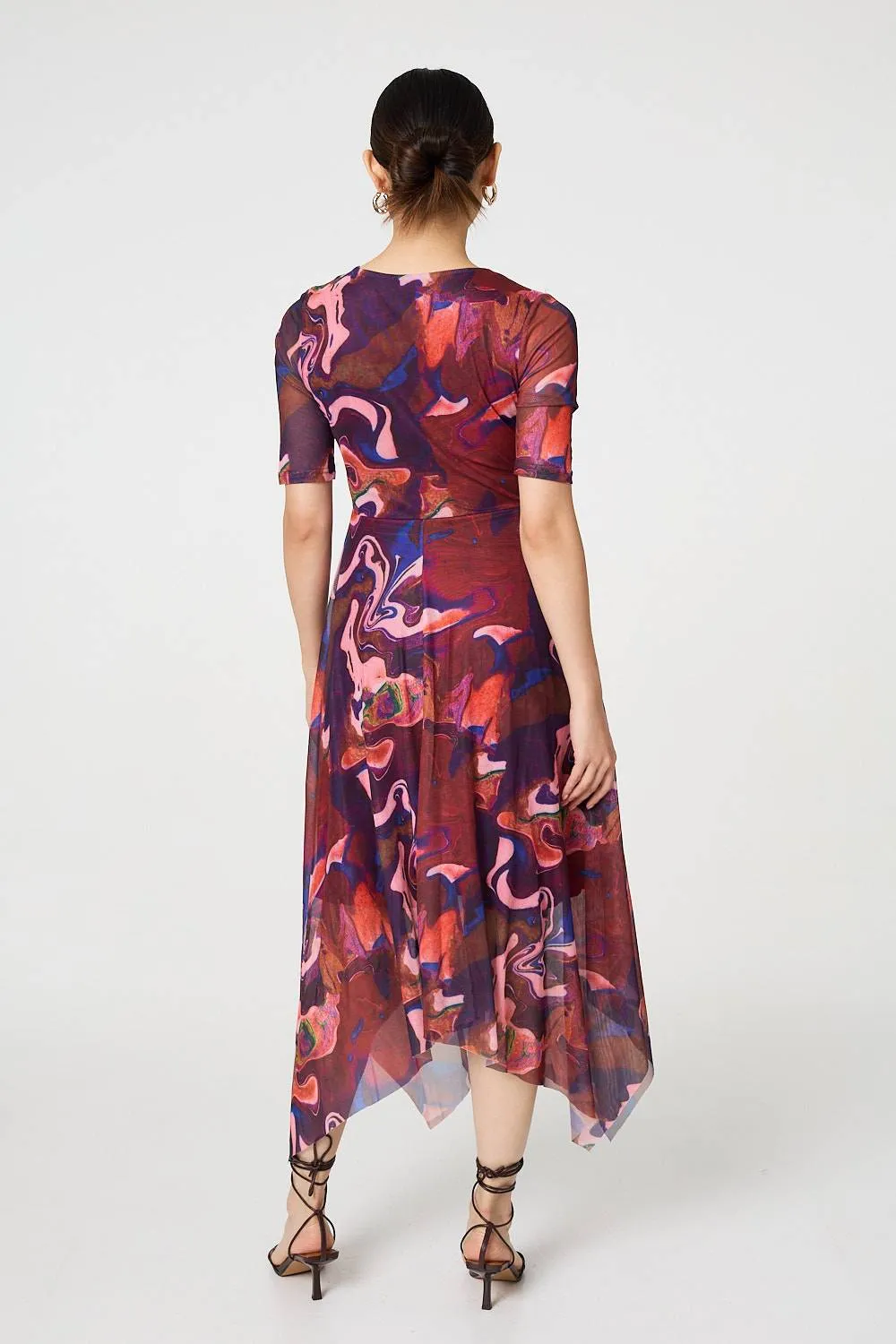 Printed Semi Sheer 1/2 Sleeve Midi Dress