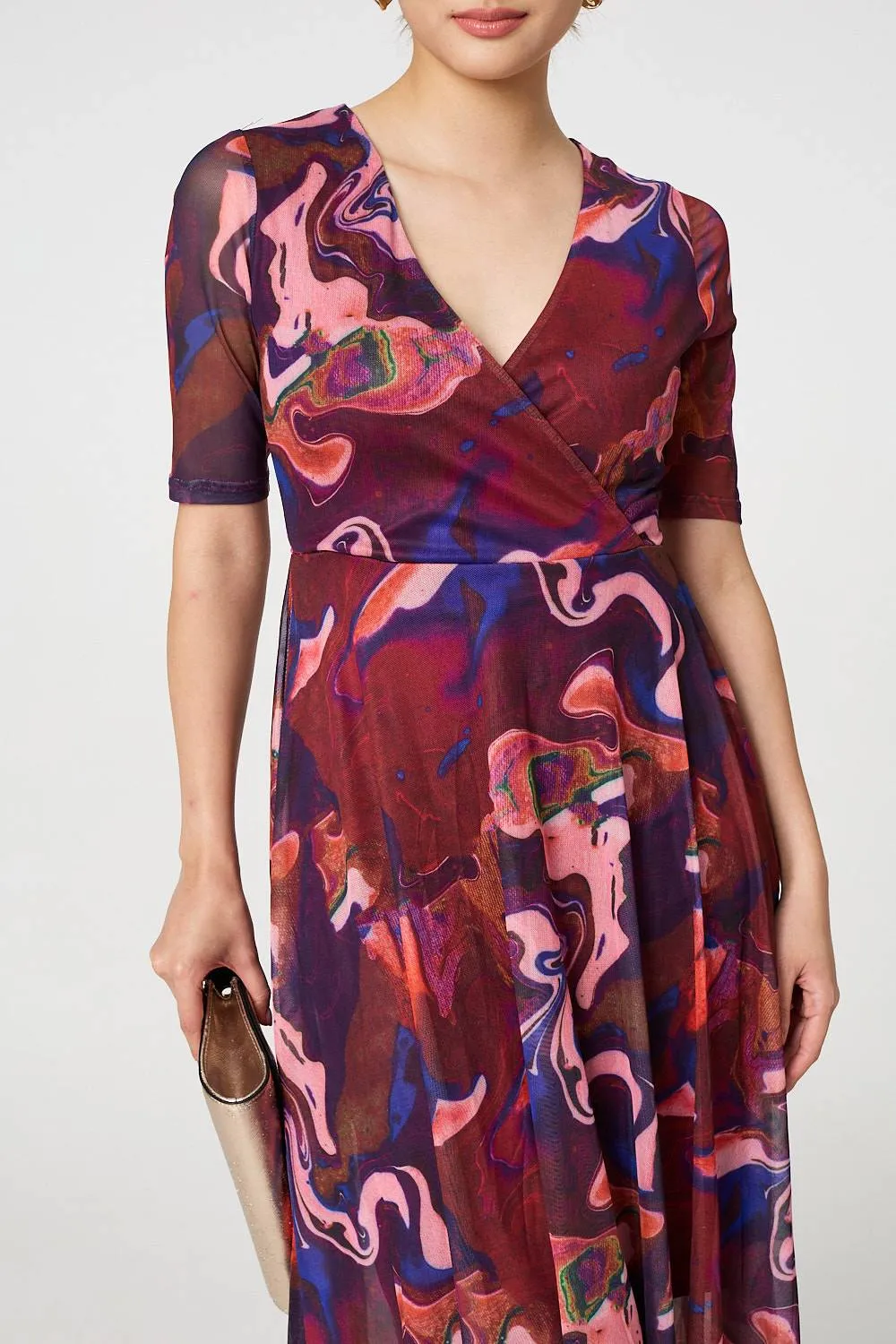 Printed Semi Sheer 1/2 Sleeve Midi Dress