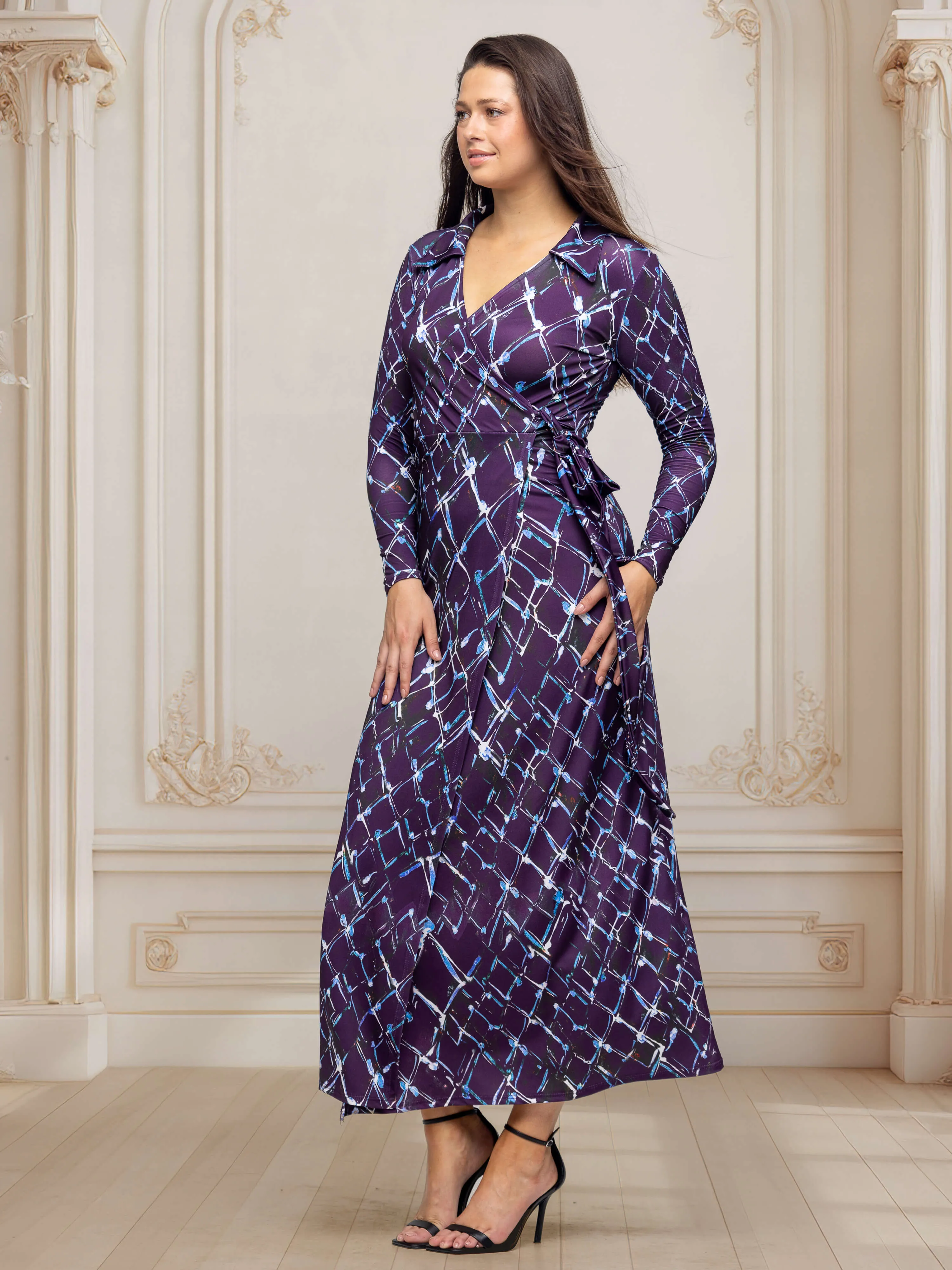 Purple Print Collared Wrap Maxi Dress