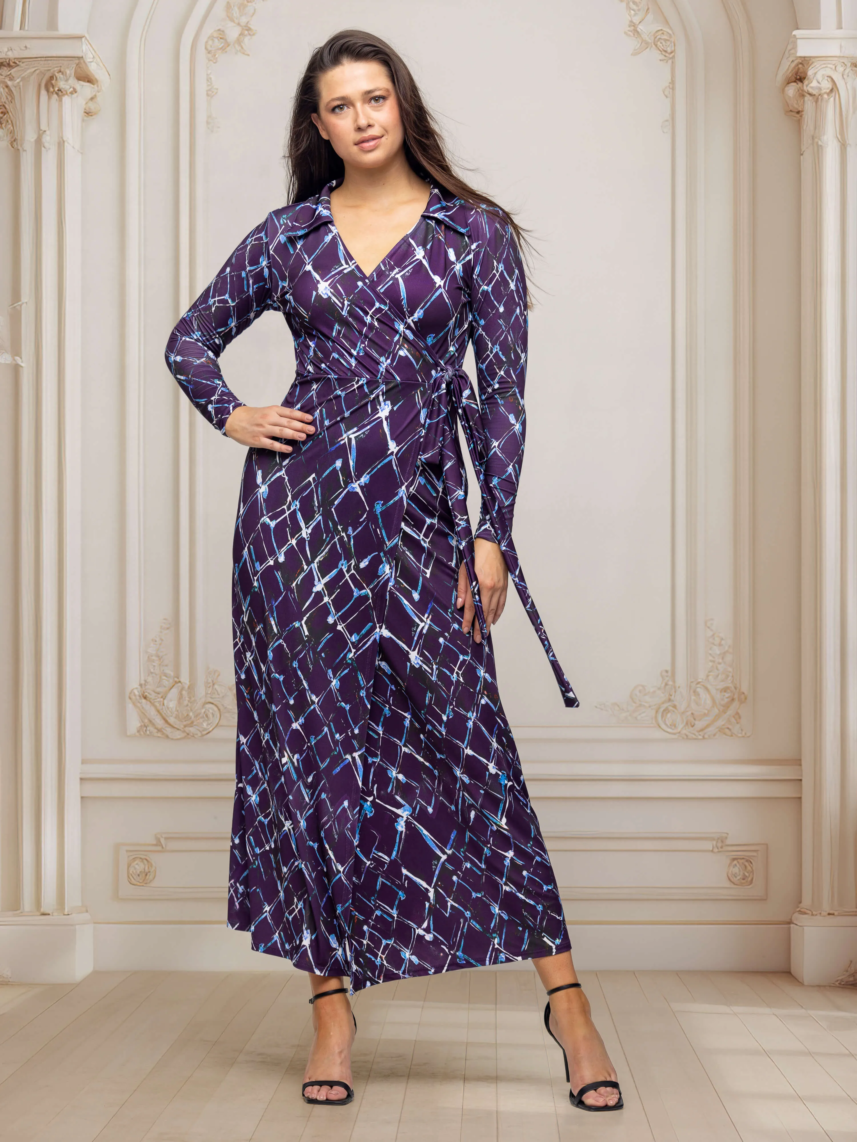 Purple Print Collared Wrap Maxi Dress