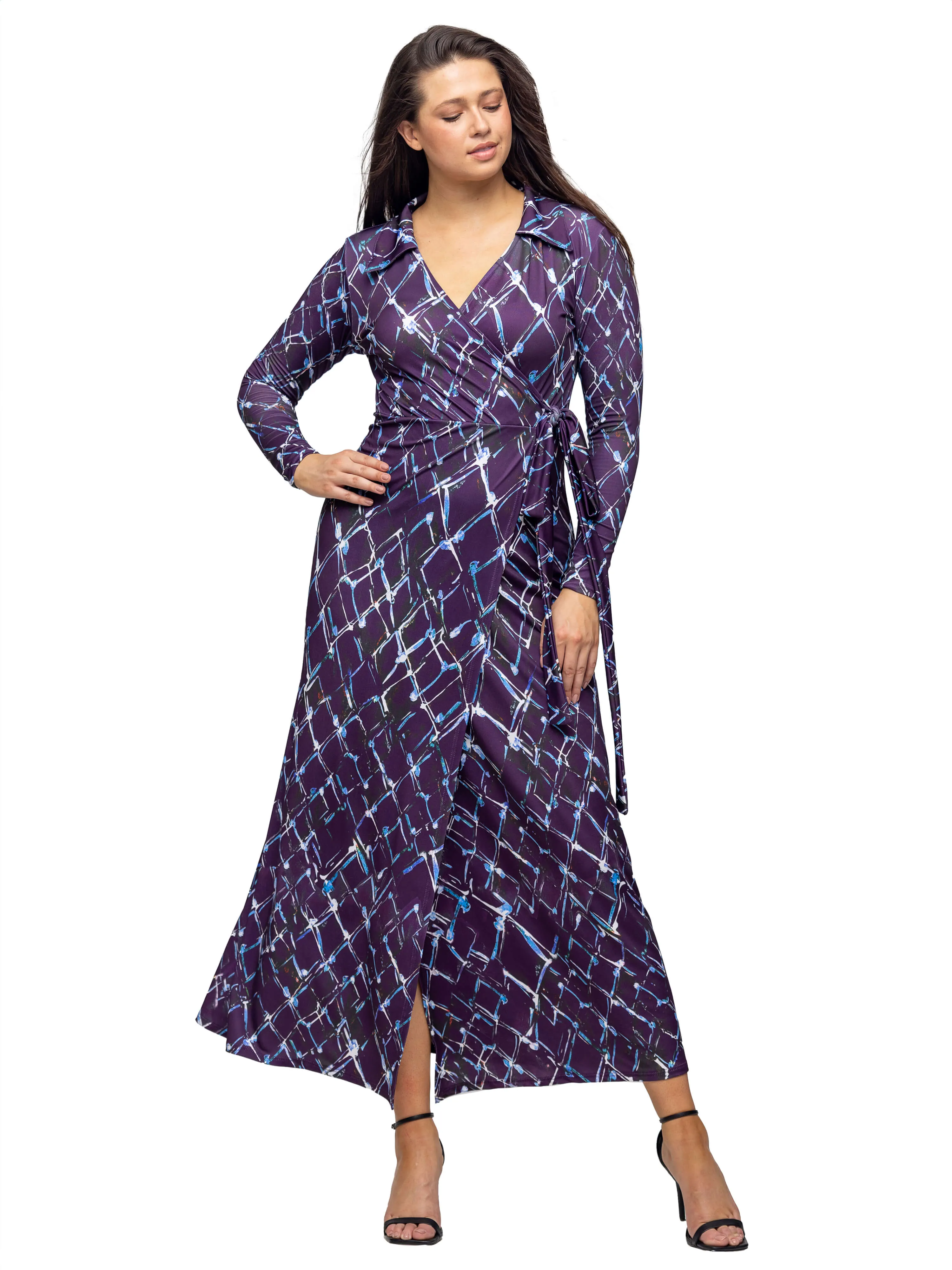 Purple Print Collared Wrap Maxi Dress