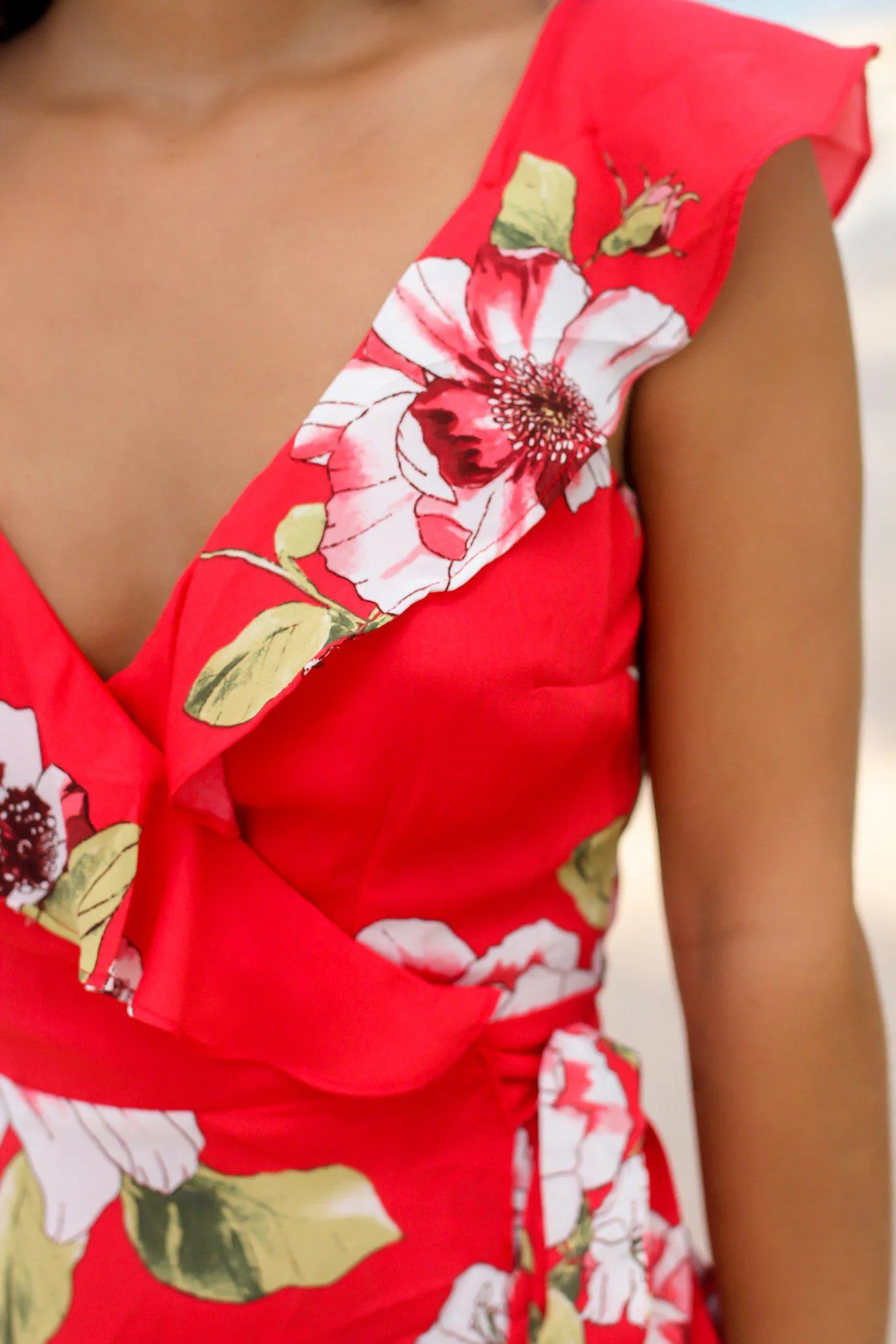 Red Floral Wrap Dress with Ruffles