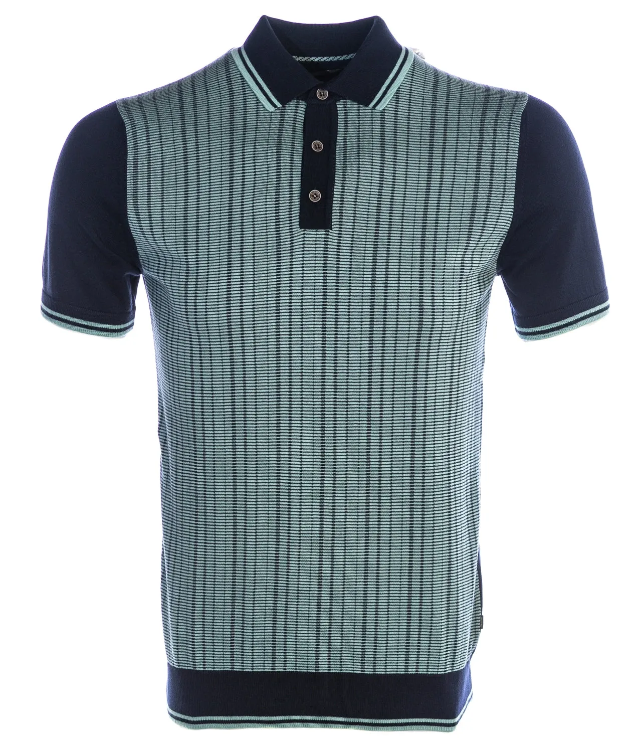 Remus Uomo Abstract Stripe Front Knitted Polo Shirt in Navy & Mint