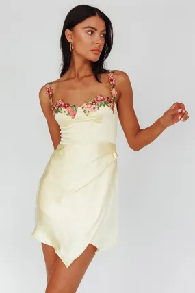 Rose Garden Floral Applique Wrap Mini Dress Lemon