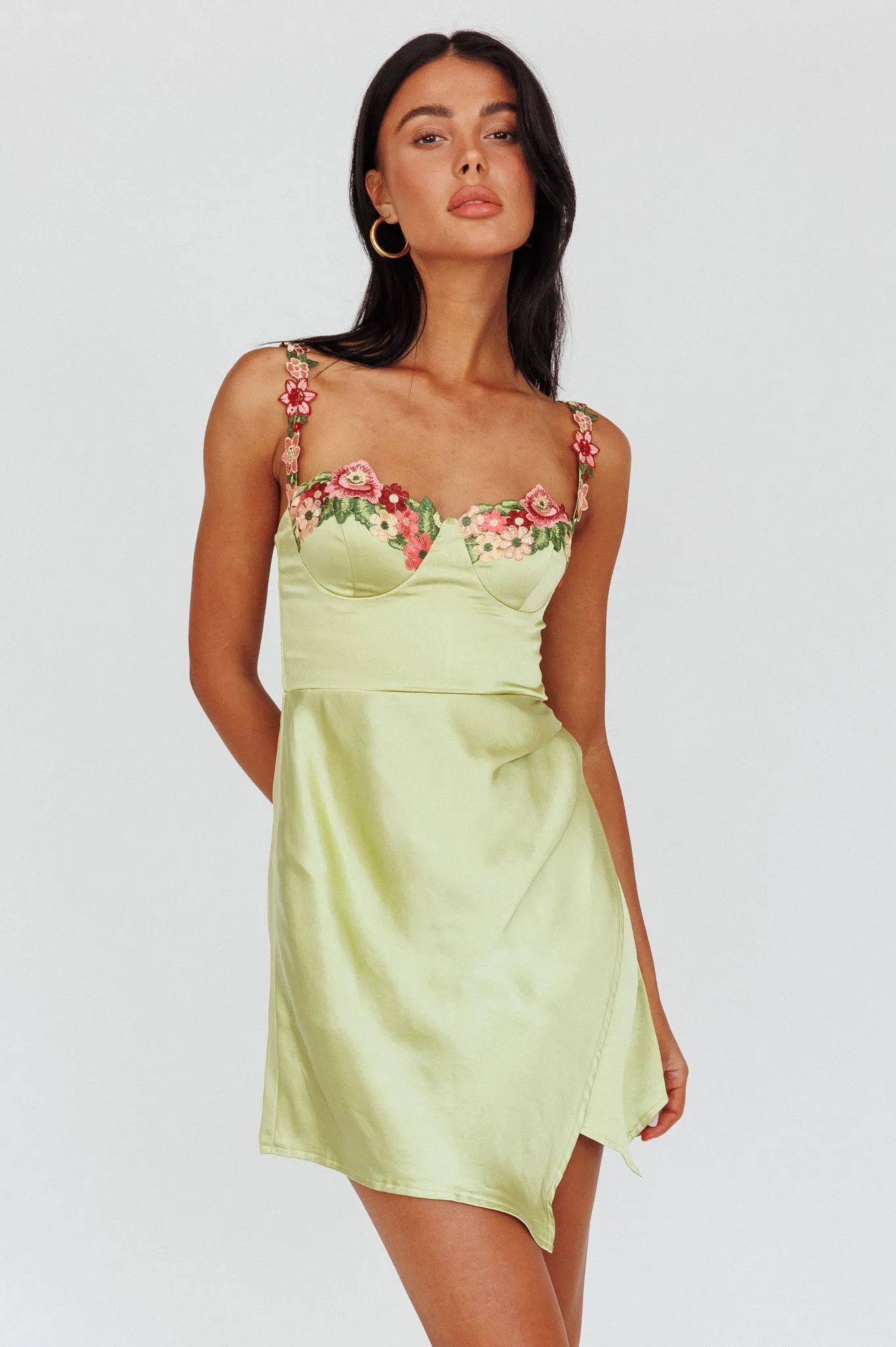 Rose Garden Floral Applique Wrap Mini Dress Lime