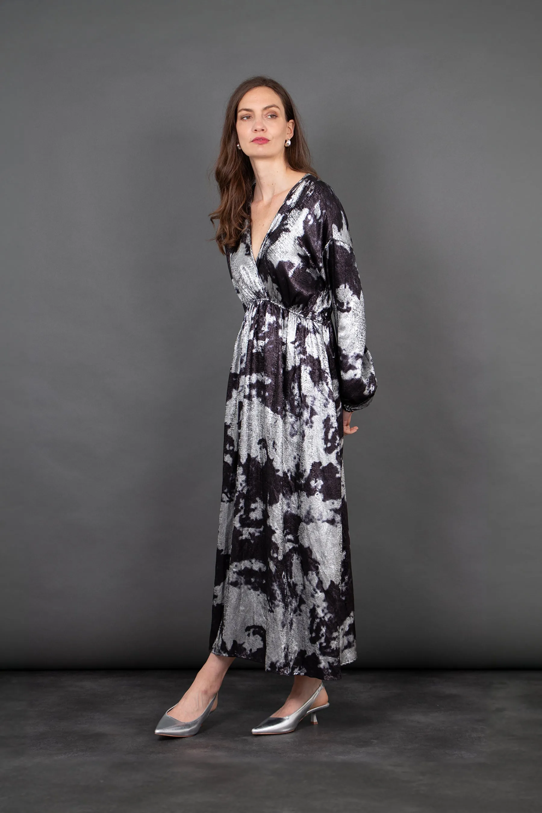 Ruby Wrap Top Maxi Dress in Silver, Metallic Oil Slic