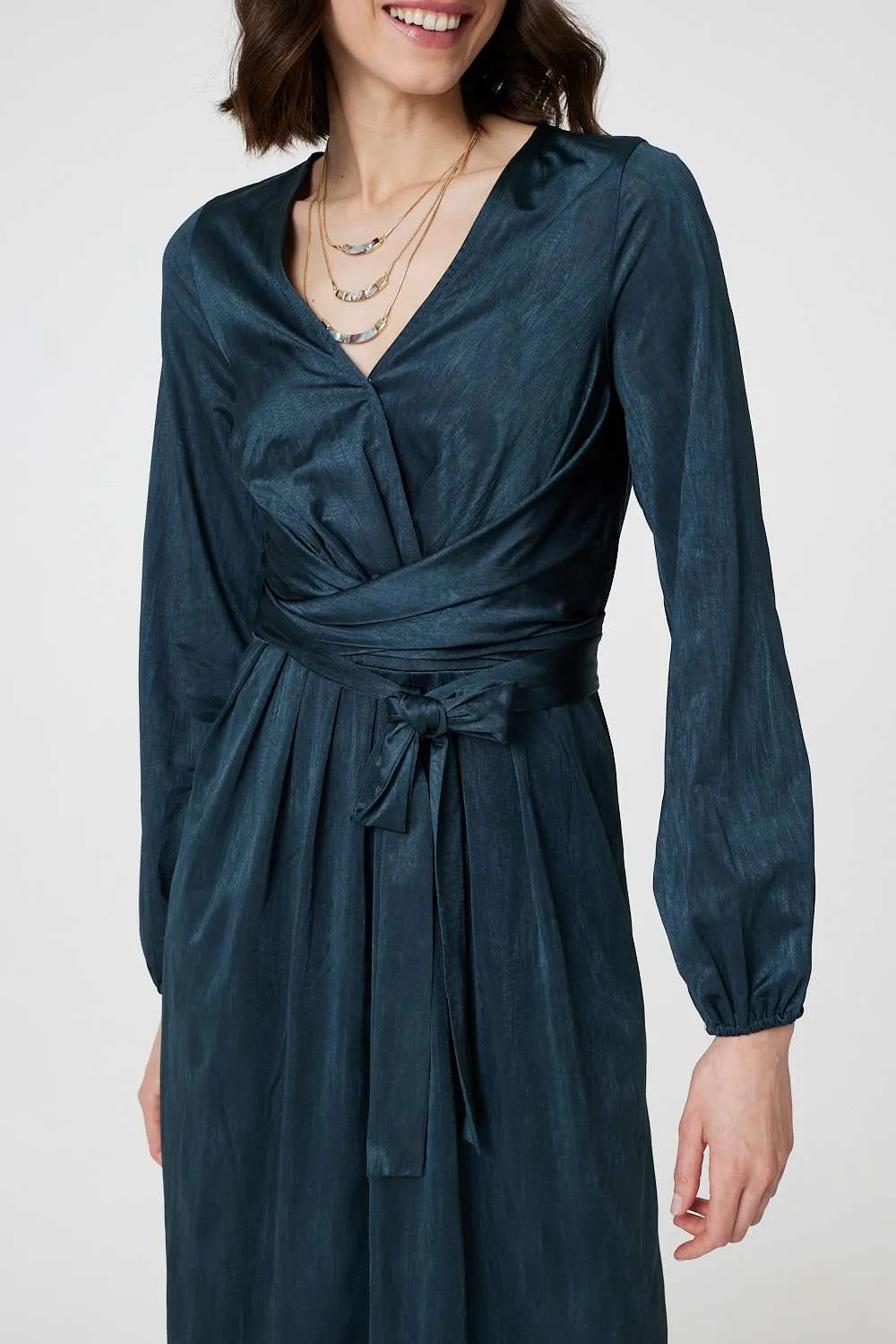 Ruched Long Sleeve Midi Wrap Dress