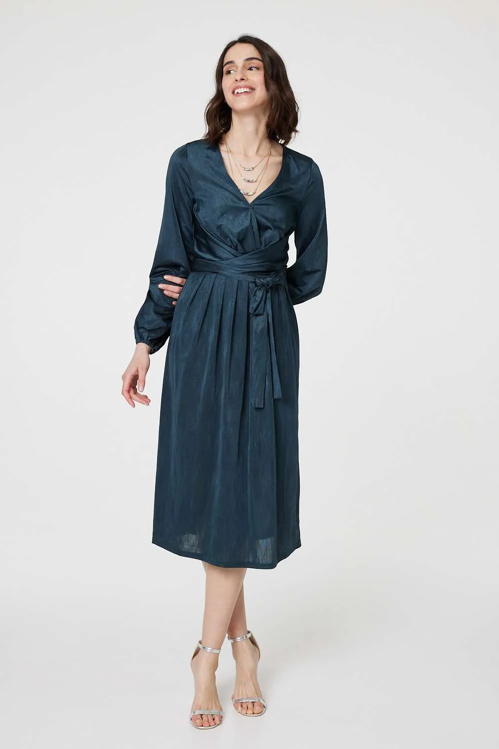 Ruched Long Sleeve Midi Wrap Dress