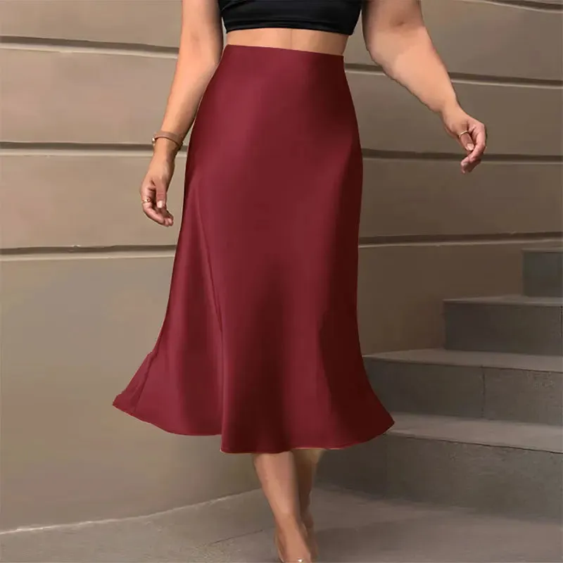 Satin Midi Skirt Woman High Waist Long Skirts For Women New Fashion 2023 Autumn Casual Elegant Party Women's Pencil Skirts