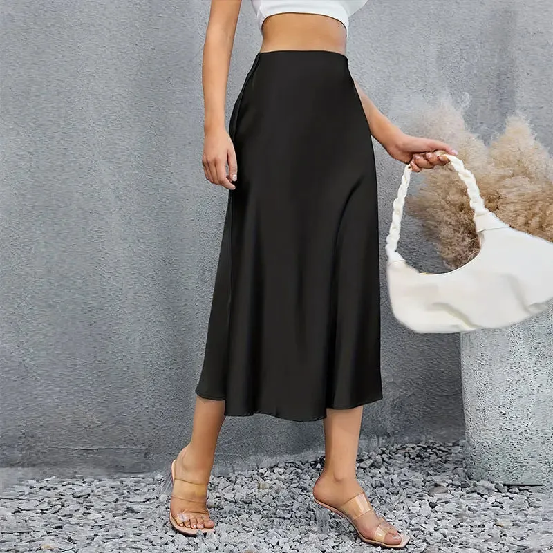 Satin Midi Skirt Woman High Waist Long Skirts For Women New Fashion 2023 Autumn Casual Elegant Party Women's Pencil Skirts