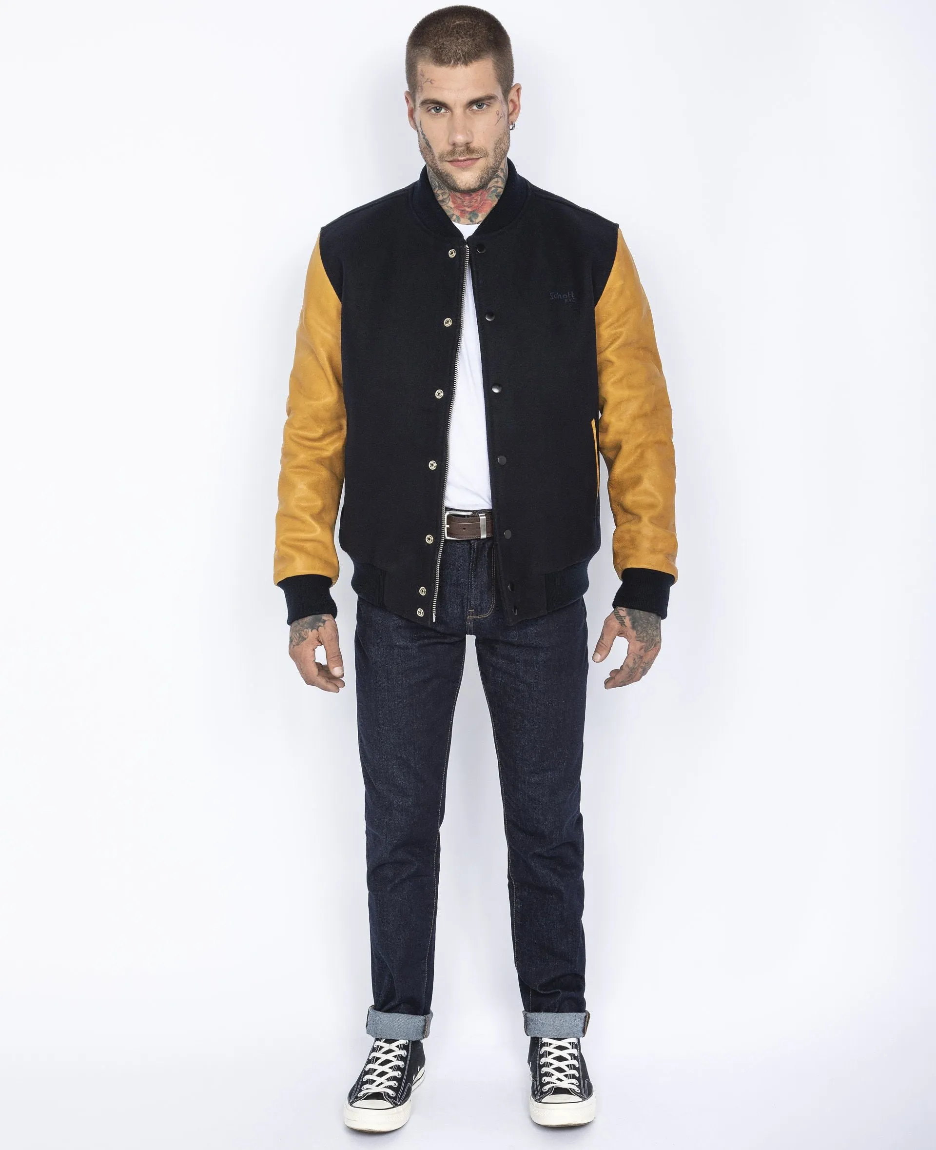 SCHOTT BLOUSON UNIVERSITE LCUSA NAVY/COGNAC