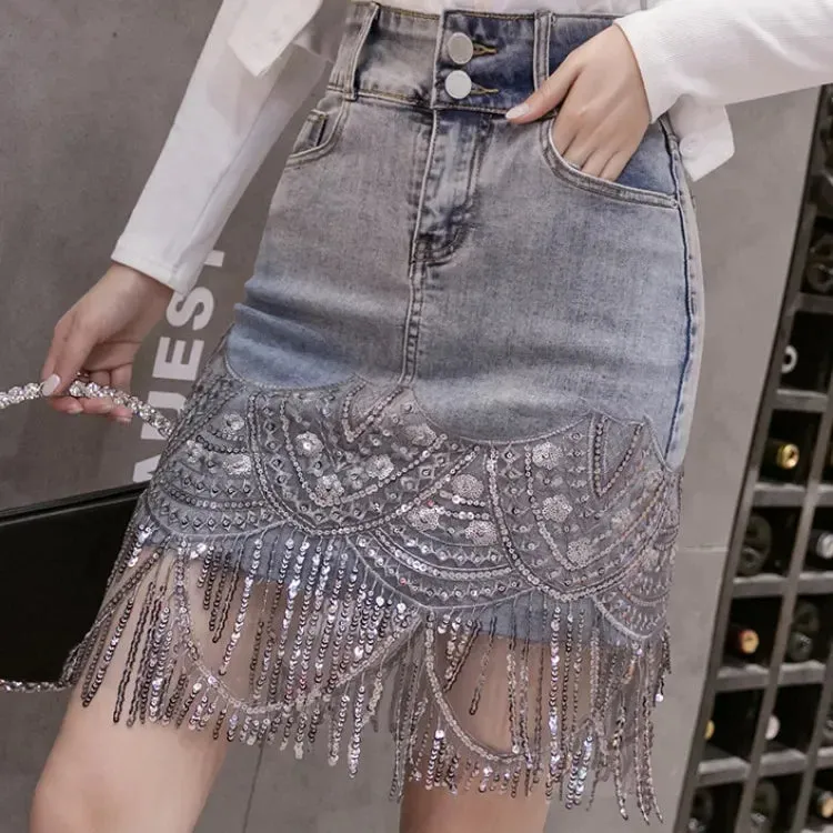 Sequins Patchwork Embroidery Fringe Mini Denim Skirt for Office