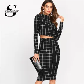 Sheinside Stand Collar Long Sleeve 2 Piece Set Women Crop Grid Top & Pencil Skirt Co-Ord Ladies Elegant OL Style Twopiece