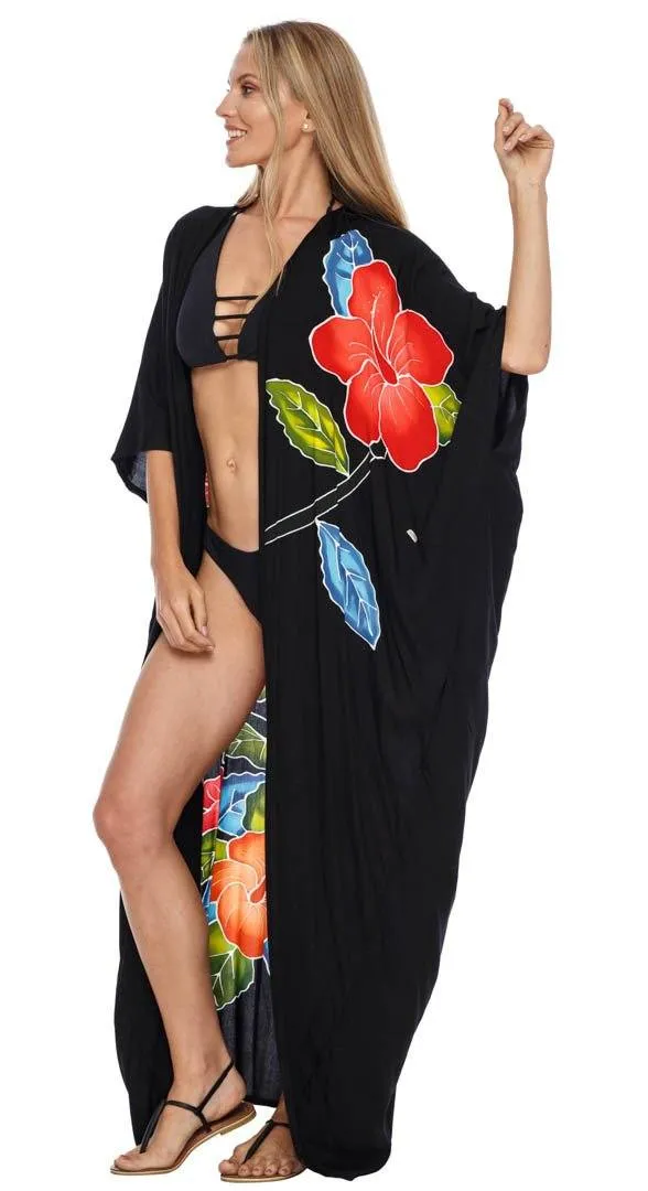 SHU-SHI Women's Floral Kimono Cardigan - Open Front Robe Beach Cover Up One Size