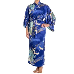 Silk Crane Print Long Blue Japanese Kimono