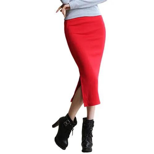 SIMPVALE Stretch Slim Step Skirts Womens Pencil Skirt High Elastic Package Hip Mid-Calf Solid Skirt Lady Rib Cotton Mini Skirts