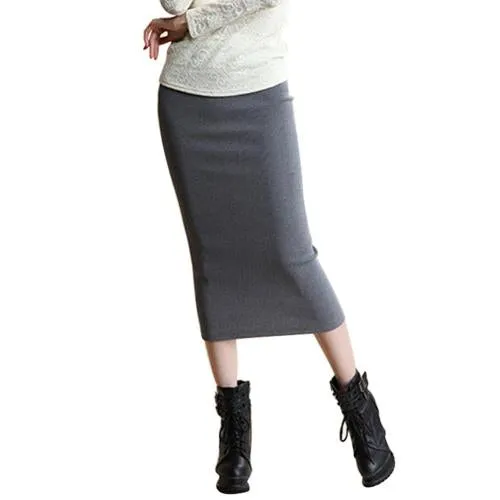 SIMPVALE Stretch Slim Step Skirts Womens Pencil Skirt High Elastic Package Hip Mid-Calf Solid Skirt Lady Rib Cotton Mini Skirts