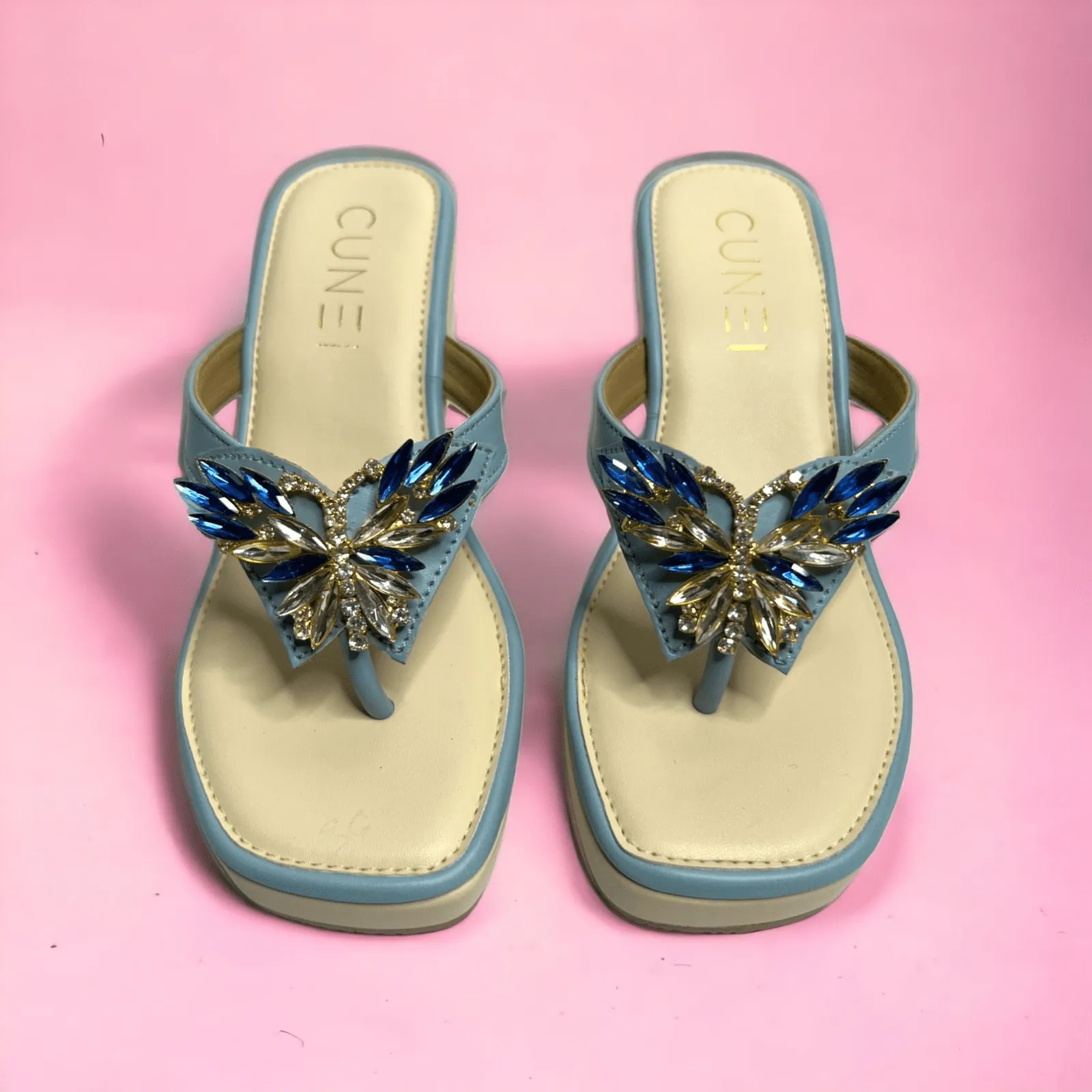 Sky Blue Butterfly Jewelled Wedges