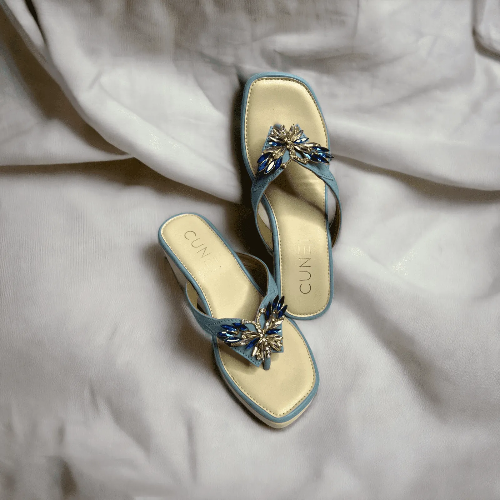 Sky Blue Butterfly Jewelled Wedges