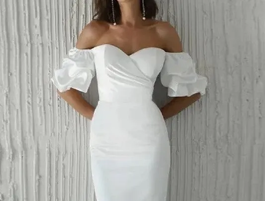 Sleeve Off Shoulder Satin Sheath Wedding Gown All Sizes/Colors