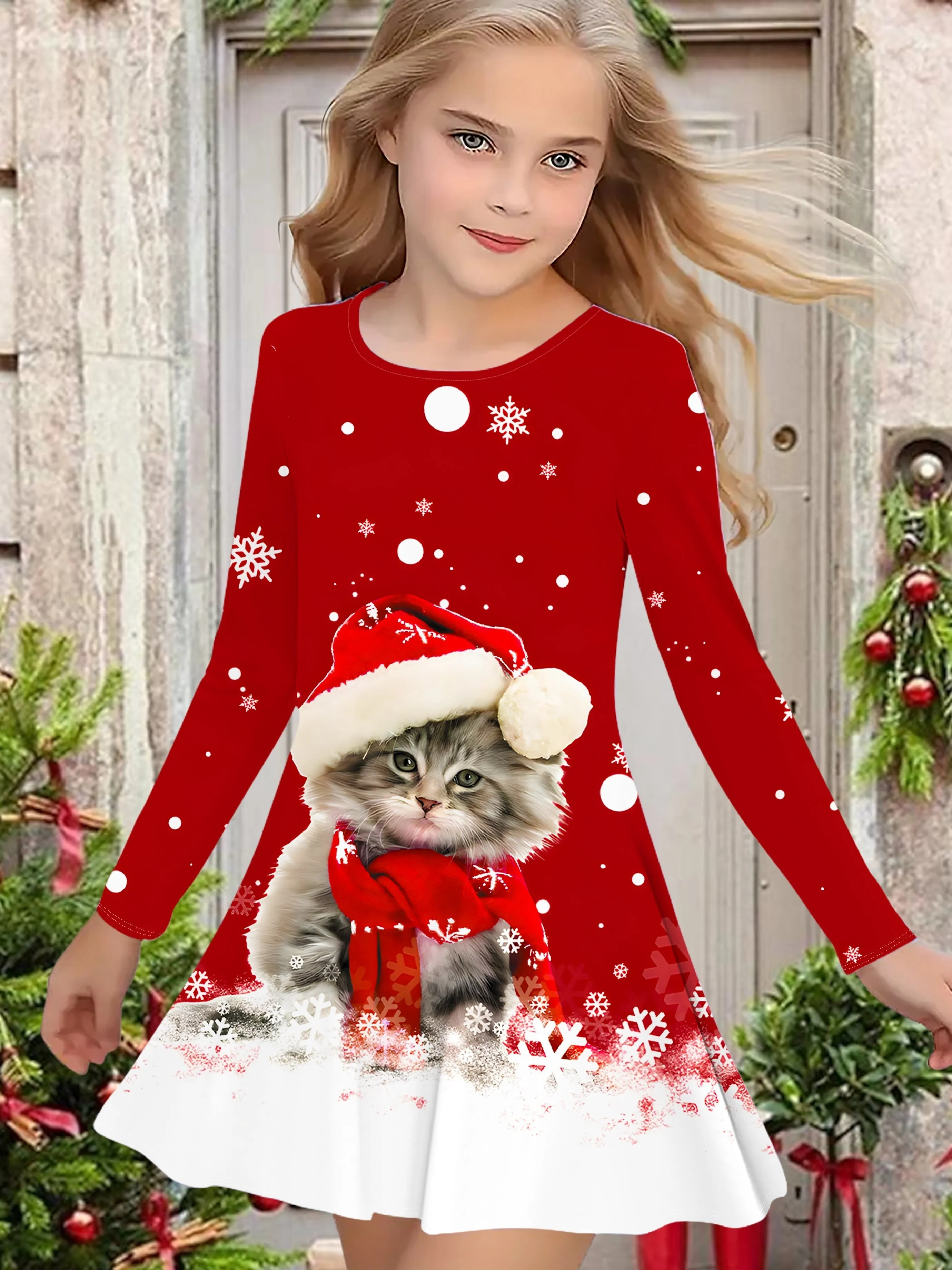 Soft Comfy Long Sleeve Festive Christmas Cat Print Dress For Girls, Holiday Dresses For Spring Fall Everyday, Party, Going Out