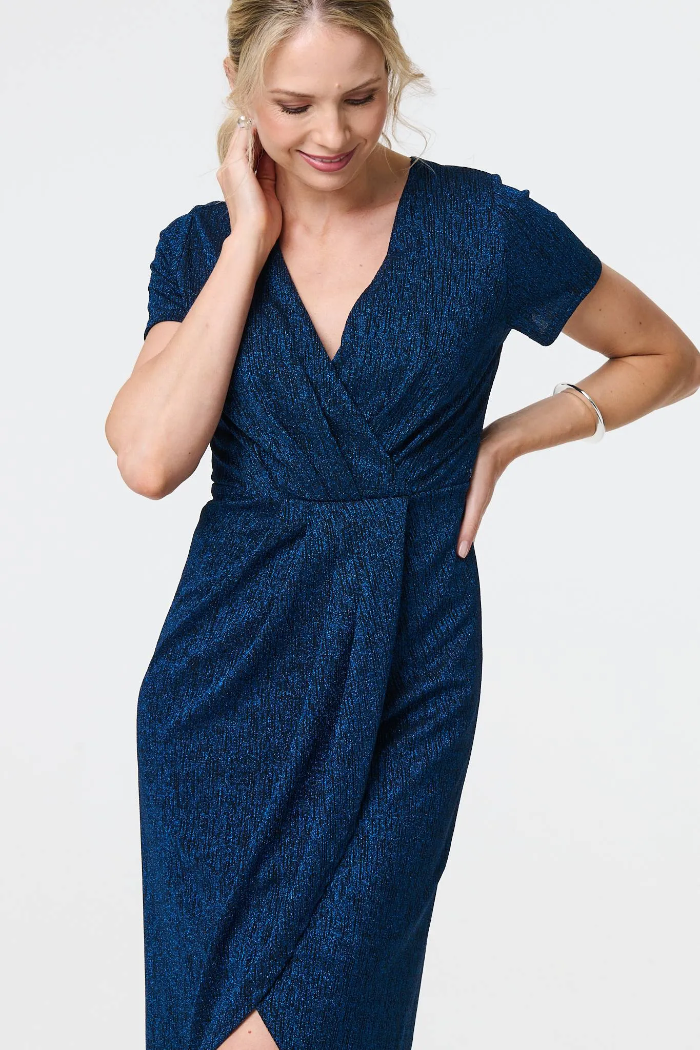 Sparkly Ruched Short Sleeve Midi Dress