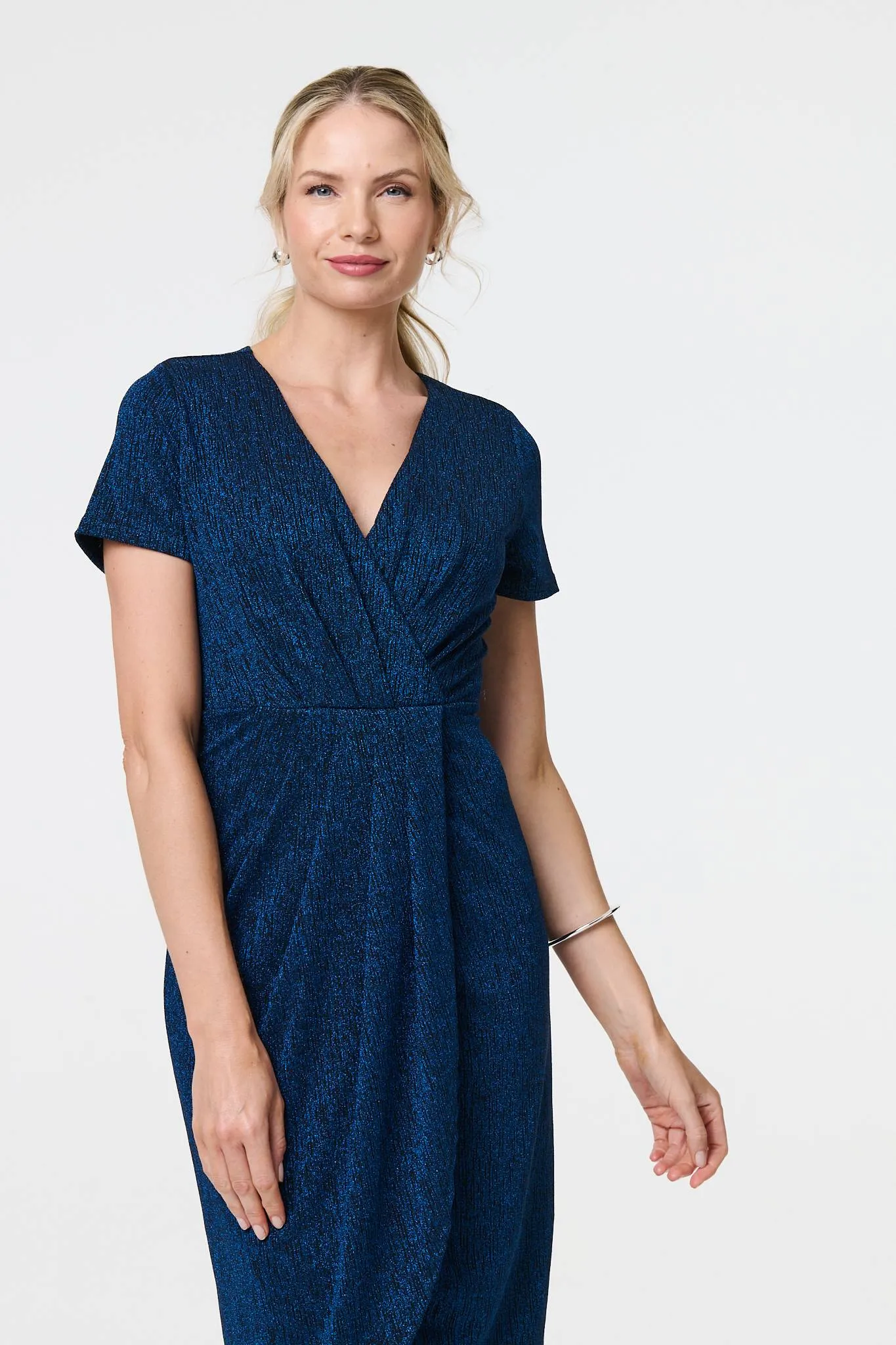 Sparkly Ruched Short Sleeve Midi Dress