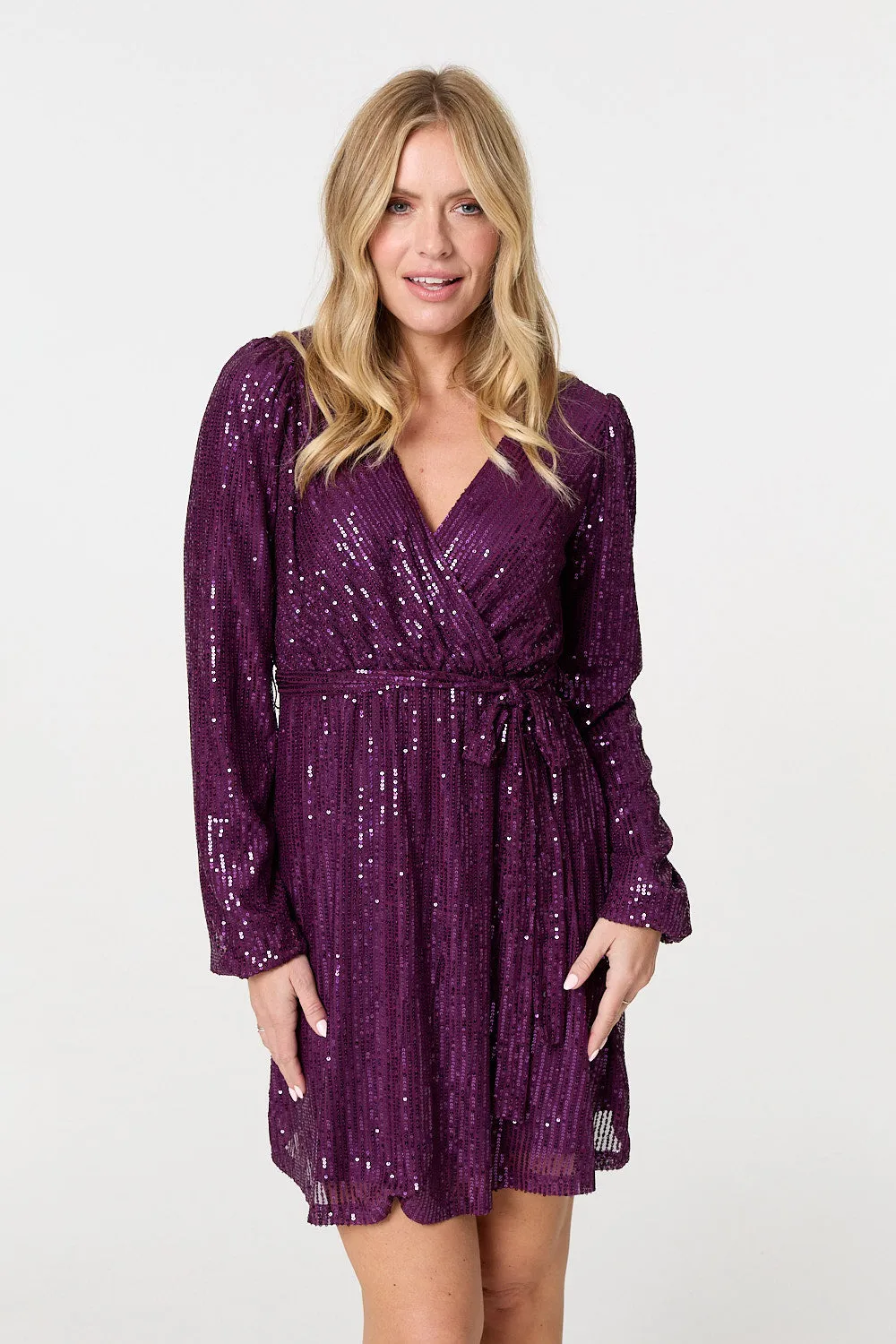 Sparkly Sequin Long Sleeve Mini Wrap Dress